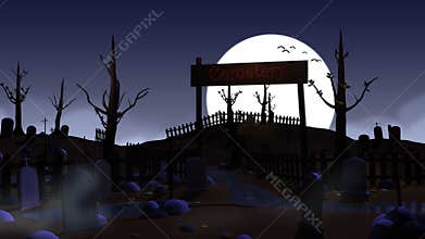 Cartoon cemetery at night with moon