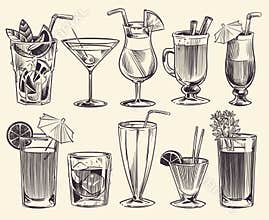 Hand drawn cocktails. Sketch cocktails and alcohol drinks, cold beverages different glasses. Restaurant alcoholic drinks