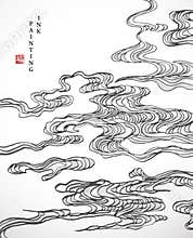 Watercolor ink paint art vector texture illustration oriental spiral curve cloud background. Translation for the Chinese word :