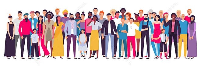 Multiethnic group of people. Society, multicultural community portrait and citizens. Young, adult and elder people