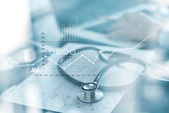 Healthcare business graph and Medical examination and businessman analyzing data and growth chart on blured background