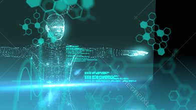 Revolving 3d human diagram with moving text and data