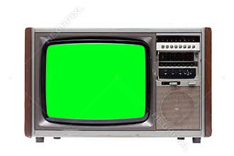 Vintage TV : old retro TV with green screen isolated on white