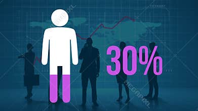 Person and rising percentage filling in pink with silhouetted people and world map