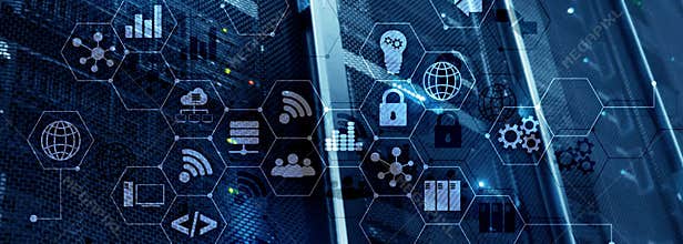 ICT - information and telecommunication technology and IOT - internet of things concepts. Diagrams with icons on server room backg
