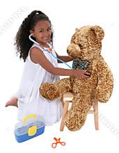 Adorable Little Playing Doctor To A Teddy Bear Over White