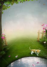 A beautiful garden with a pond, a kitten and butte