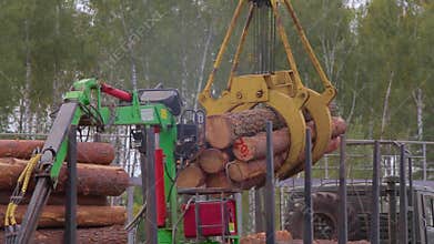 Unloading a log truck with a crane, unloading logs at a sawmill, workflow at a sawmill