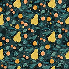 Fruits seamless pattern. Cherry berries, apples, pears and leaves hand drawn wallpaper