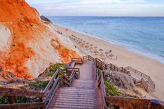 FALESIA, ALGARVE, PORTUGAL - MAI 25, 2019: View on the beach Praia da Falesia Barranco das Belharucas