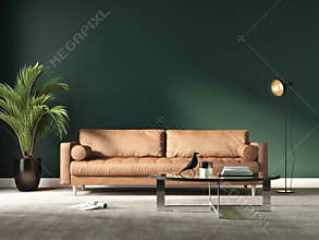 Rendering of a modern blue living room with a beige sofa