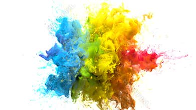 Color burst iridescent multicolored rainbow powder explosion fluid ink particles