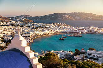View to the towns cape and old port of Mykonos island, Greece