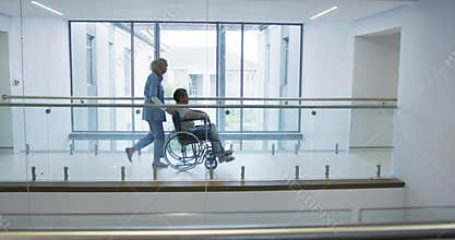 Young doctor pushing patient in wheelchair in hospital 4k