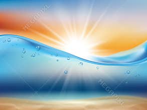 Ocean wave background with sun. Water landscape with sunrise or sunset and underwater life liquid surface splashes drops