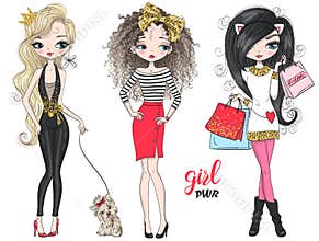 Three hand drawn beautiful cute fashion girls power shopping. with little dog.