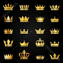 Gold crown icons. Queen king crowns luxury royal on blackboard, crowning tiara heraldic winner award jewel vector set