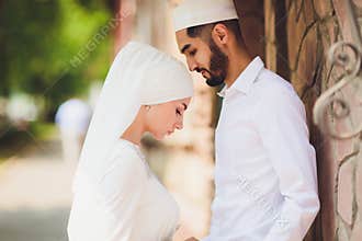 National wedding. Bride and groom. Wedding muslim couple during the marriage ceremony. Muslim marriage.