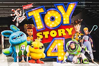 Bangkok, Thailand - Jun 17, 2019: Toy Story 4 movie backdrop display with cartoon characters in movie theatre