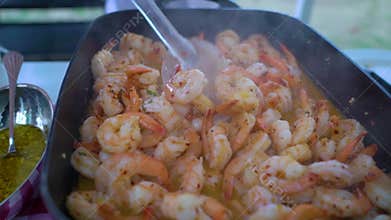 Shrimp fried in a pan