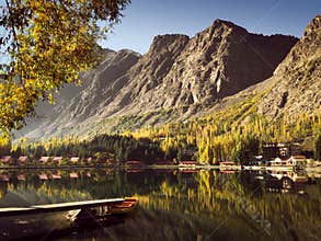 Kachura Lake against Karakoram mountain range in autumn, Skardu. Gilgit Baltistan, Pakistan.