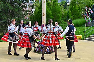 Brno - Bystrc, Czech Republic, June 22, 2019. Traditional Czech feast. Folk Festival. Girls and boys dancing in beautiful costumes