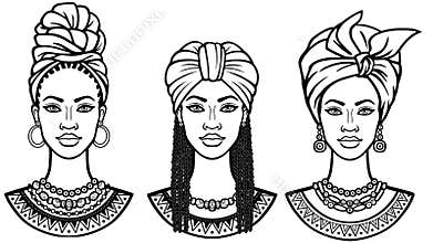 African beauty: animation portrait of the  beautiful black woman in  different turbans.