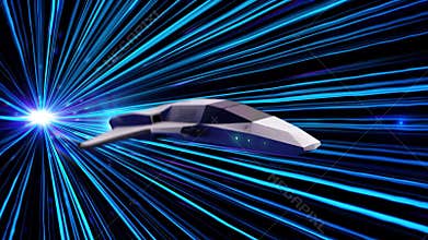 Abstract flying spaceship in cosmic space. Animation. Game graphics flying starship in hyperspace when jumping in space