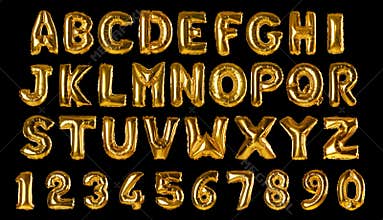 Set with golden foil balloons in shape of letters and numbers on background