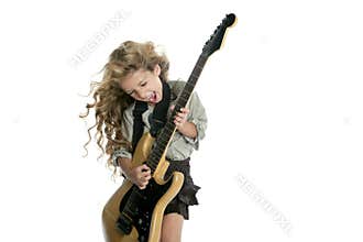 Little blond girl playing electric guitar