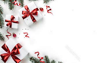 Christmas fir branches, gift boxes with red ribbon, red decoration, sparkles and confetti on white background. Xmas and New Year
