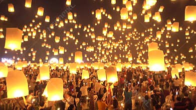 Floating lanterns on sky in Loy Krathong Festival