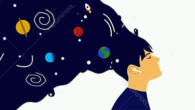 Animation, girl in headphones listening to music with cosmos instead of hair. Concept of cosmos inside human, universe