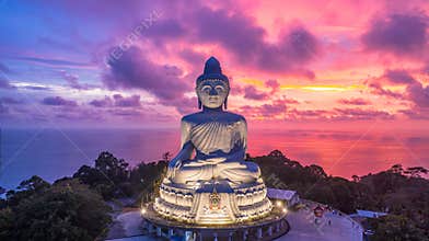 Aerial view Big Buddha at twilight, Big Buddha landmark of Phuket, Phukei Island, Thailand