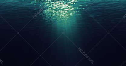 Seamless loop of deep blue and green ocean waves from underwater background, light rays shining