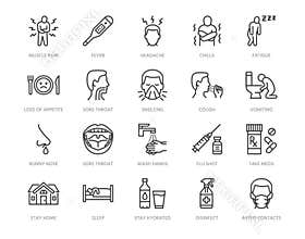Flu disease prevention, cold symptoms flat line icons set. Fever headache sneeze, sore throat vector illustrations
