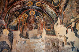 Frescoes inside the Hagia Sophia church in Mystras, Greece