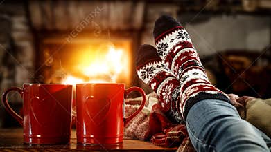 Woman`s legs with christmas socks and red mugs of coffee or tea and home interior with fireplace and dark wall background.