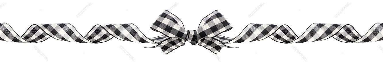 Long Christmas border of black and white buffalo plaid bow and ribbon isolated on white