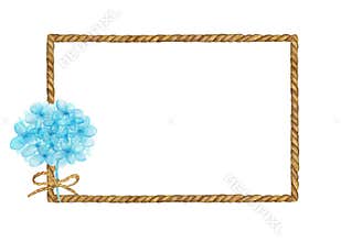 Watercolor painting of Brown Rope frame with bouquet of blue flowers.