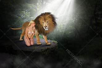 Surreal Lion, Nature, Nude Fantasy, Woman