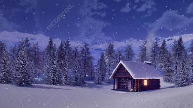 Solitary mountain cabin at snowfall winter night 4K
