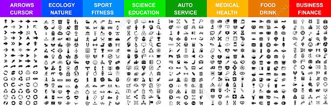 Big set icons by category: arrows, ecology, sport, science, auto, medical, food & drink, business, and many more