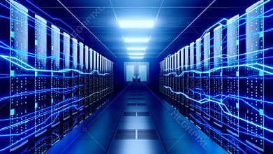 3D 4K server room - data center - storage/ hosting concept.