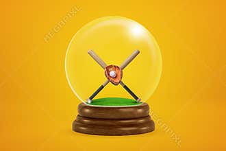 3d rendering of two baseball bats, ball and glove in a snow globe on yellow background