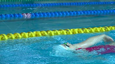 Young female amateur swimmer training backstroke in swimming pool, Slow motion, steady shot
