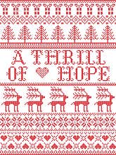 Scandinavian Christmas pattern inspired by A thrill of Hope lyrics festive winter elements in cross stitch with heart, snowflake,