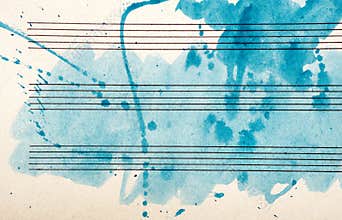 Old music sheet in blue watercolor paint. Blues music concept. Abstract blue watercolor background.