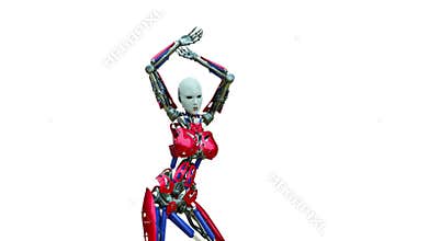 Cyborg girl doing a sensual dance on white background, 3d animation