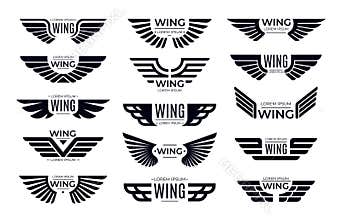 Wings badges. Flying emblem, eagle bird wing and winged frame vector set